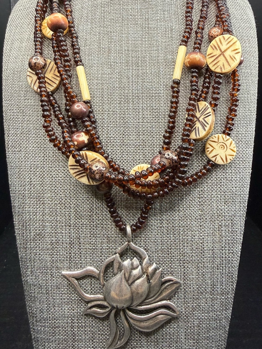 Chico’s Boho Multi-Strand Brown Lotus Pendant Necklace